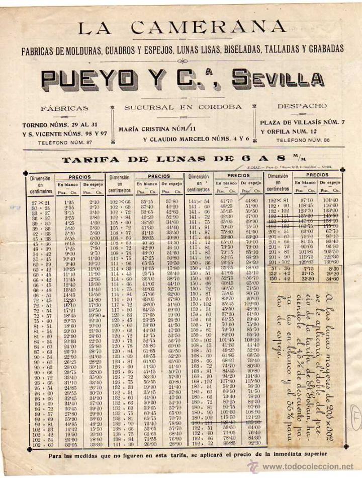 Lettres commerciales: La Camerana. Fabricas de molduras, cuadros y espejos. Pueyo y Cia Sevilla.