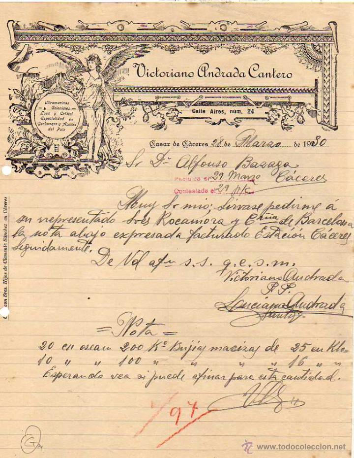 Lettres commerciales: Victoriano Andrada Cantero. Ultramarinos, loza cristal, etc . Casar de C&aacute;ceres. Firma propietario