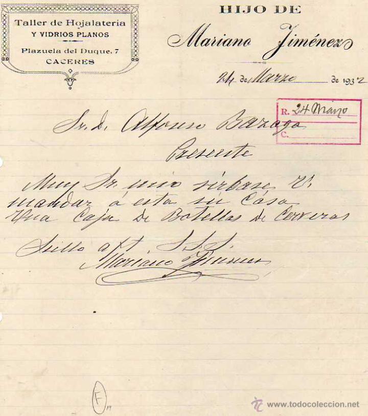Lettres commerciales: Hijo de Mariano Jim&eacute;nez. Taller de hojalateria y vidrios planos. C&aacute;ceres. firma propietario