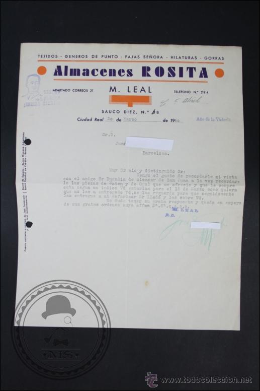 Cartas comerciales: Carta Comercial con Sello Saludo a Franco / &iexcl;Arriba Espa&ntilde;a! A&ntilde;o 1940, Ciudad Real -Almacenes Rosita