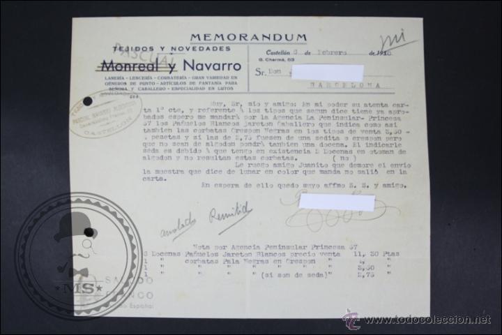 Cartas comerciales: Documento / Memorandum con Sello Saludo a Franco / &iexcl;Arriba Espa&ntilde;a! - Castell&oacute;n - Monreal y Navarro