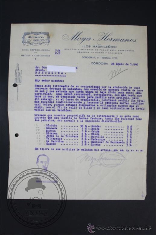 Cartas comerciales: Carta Comercial con Sello Saludo a Franco / &iexcl;Arriba Espa&ntilde;a! - C&oacute;rdoba, A&ntilde;o 1940, Moya Hermanos