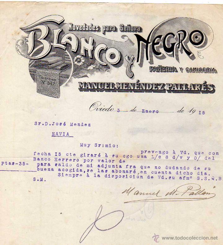 Gesch&auml;ftsbriefe: Novedades para se&ntilde;ora. Blanco y negro. Manuel Men&eacute;ndez Pallar&eacute;s. Oviedo. 1915 firma.