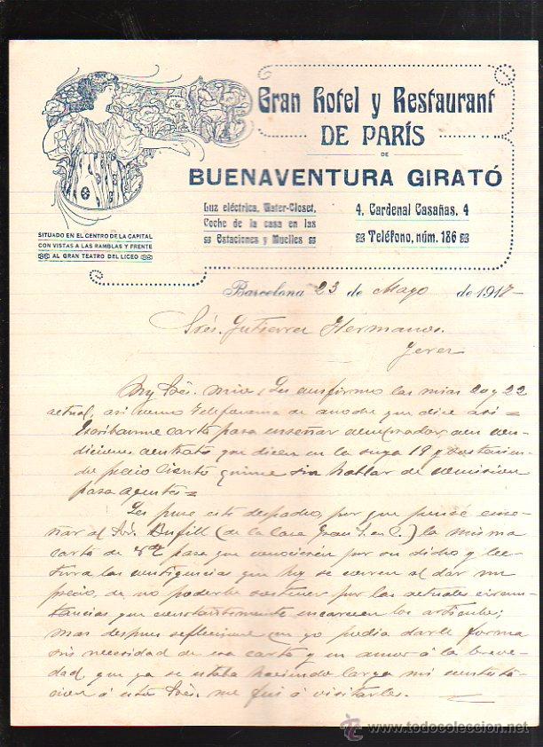 Gesch&auml;ftsbriefe: CARTA COMERCIAL. GRAN HOTEL Y RESTAURANT DE PARIS. BUENAVENTURA GIRATO. BARCELONA. 4 PAGINAS. 1917