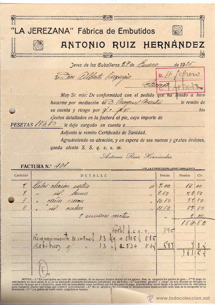 Cartas comerciales: La Jerezana F&aacute;brica de embutidos. Antonio Ruiz Hern&aacute;ndez. Jerez de los caballeros.