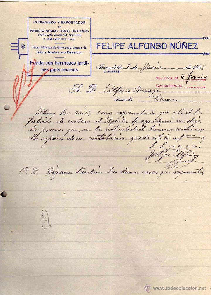 Lettres commerciales: Felipe Alfonso Nu&ntilde;ez. Cosechero y exportador. Fonda con hermosos jardines. Jarandilla. C&aacute;ceres.