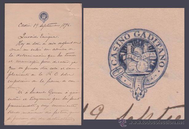 Cartas comerciales: L20-19 CASINO DE CADIZ - 1896 - Carta duplex de J.M. LACOSTE a ENRIQUE (MAC PHERSON) alert&aacute;ndole de