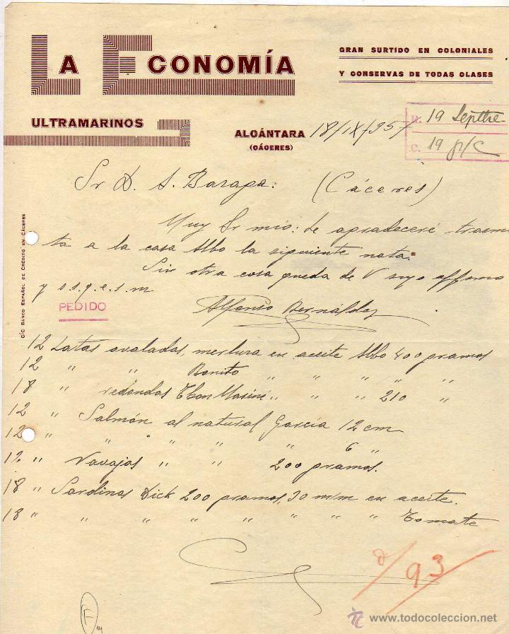 Gesch&auml;ftsbriefe: La econom&iacute;a Ultramarinos Alc&aacute;ntara. C&aacute;ceres. Firma propietario.