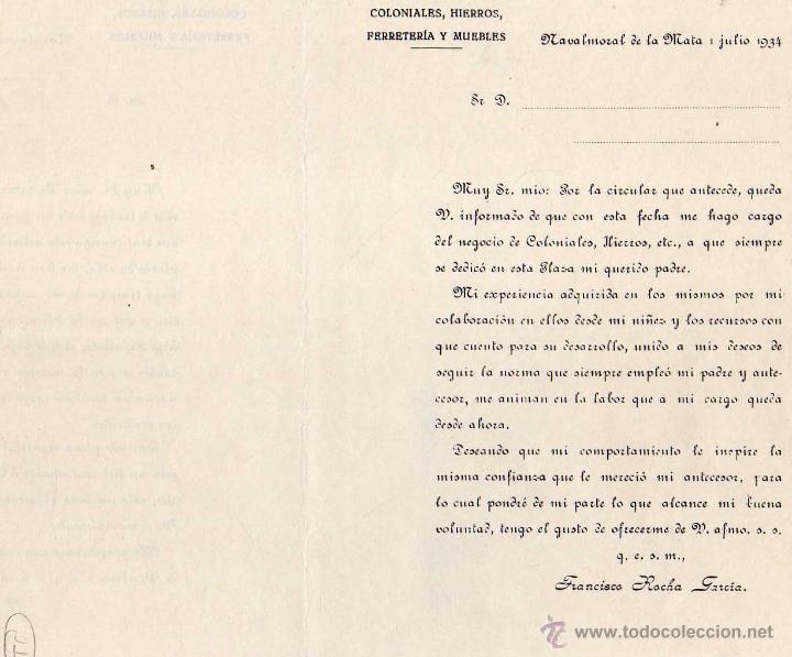 Cartas comerciales: 1934 Coloniales, hierros, ferreter&iacute;a y muebles Francisco Rocha . Navalmoral de la Mata. C&aacute;ceres.
