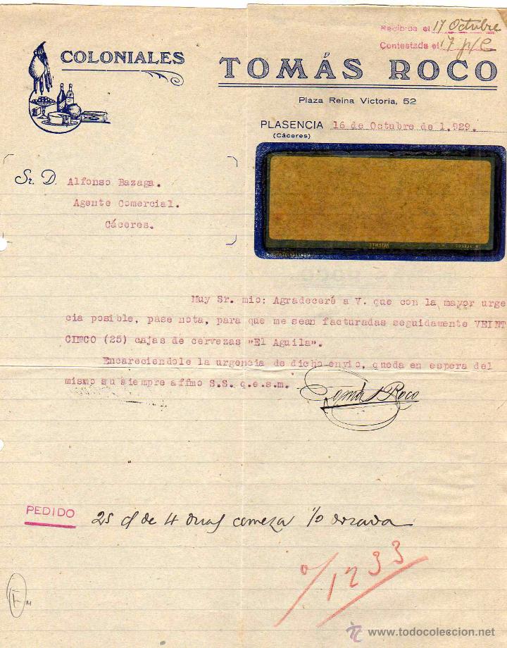 Lettres commerciales: Colinales. Tom&aacute;s Roco. Plaza Reina Victoria. Caceres Plasencia Firma propietario.