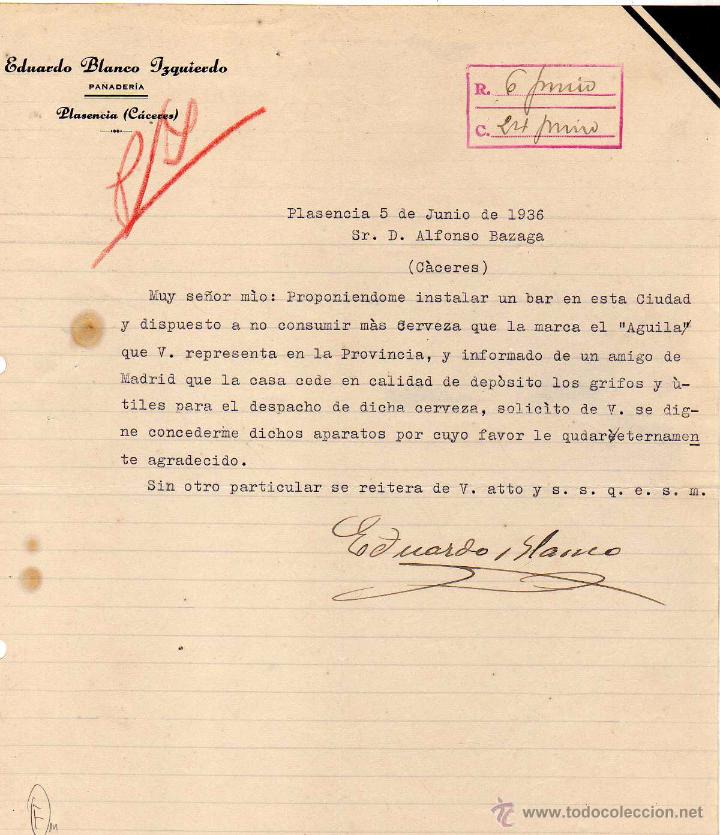 Lettres commerciales: Eduardo Blanco Izquierdo. Panader&iacute;a.  Plasencia. C&aacute;ceres. Firma propietario.