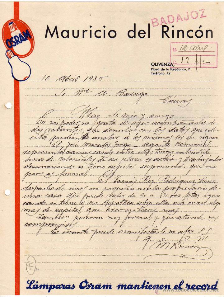 Lettres commerciales: Mauricio del Rinc&oacute;n. Osram bombillas. Olivenza . Badajoz. Firma propietario