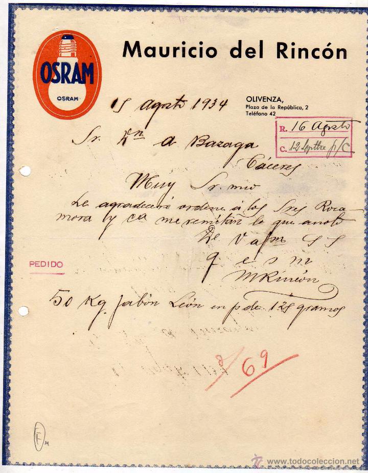 Lettres commerciales: Mauricio del Rinc&oacute;n. Osram bombillas. Olivenza . Badajoz. Firma propietario