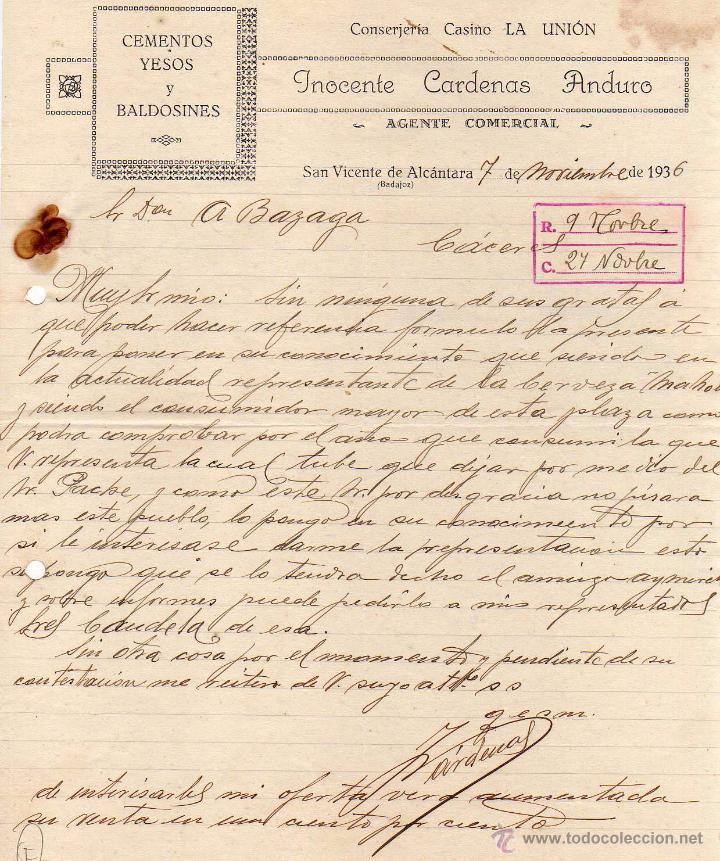 Lettere commerciali: Cementos, yesos. Inocente Cardenas Anduro. San Vicente de Alc&aacute;ntara. Casino la Uni&oacute;n.