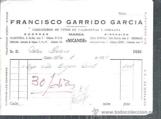 Lettres commerciales: CARTA COMERCIAL FRANCISCO GARRIDO GARC&Iacute;A, COSECHEROS DE VINO VALDEPE&Ntilde;AS Y CHICLANA, 28 AGOSTO 1973