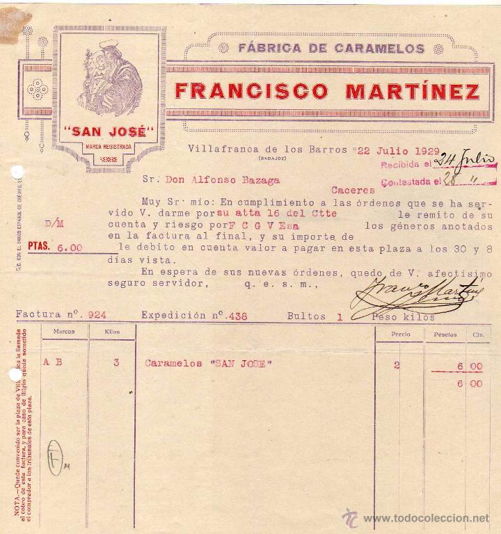 Gesch&auml;ftsbriefe: F&aacute;brica de caramelos. Francisco Martinez. San Jose. Villalba de los Barros. Badajoz. Firma.