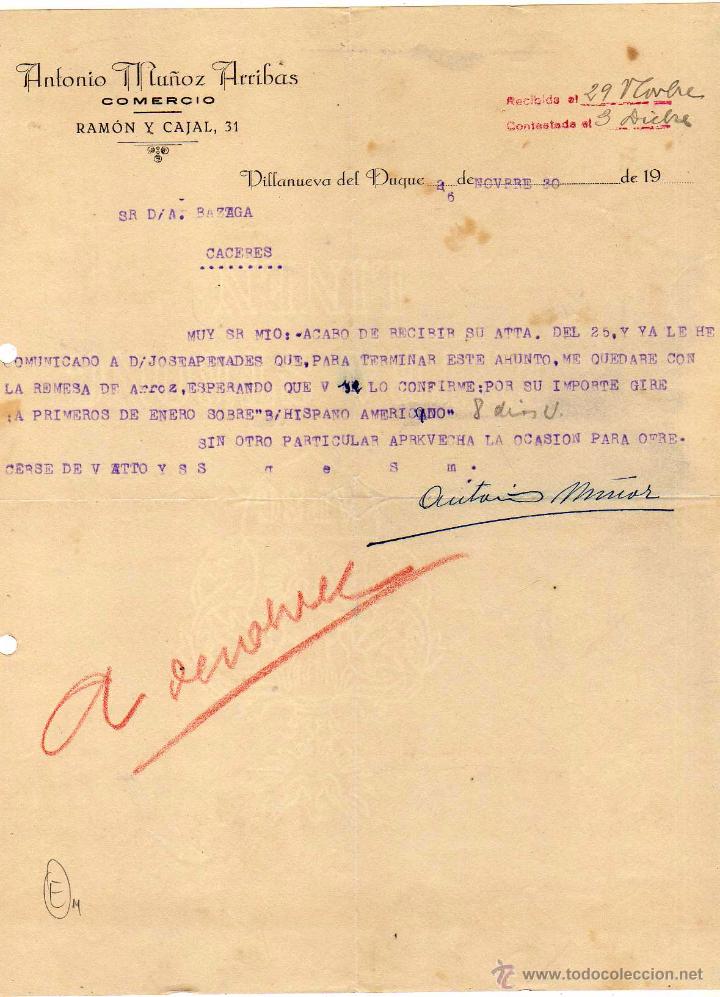 Lettere commerciali: Antonio Mu&ntilde;oz Arribas. Comercio. Villanueva del Duque. C&aacute;ceres. Firma propietario.