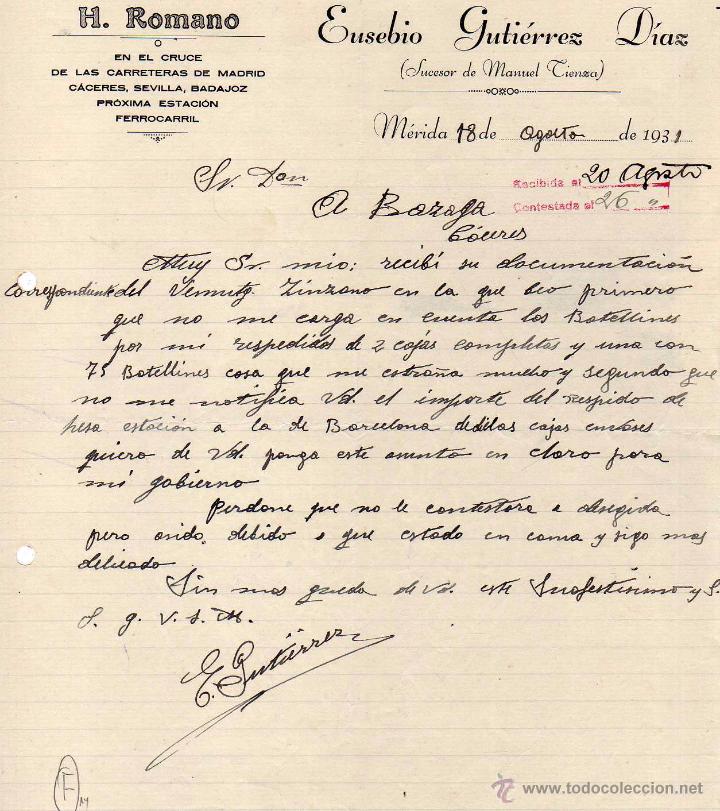 Gesch&auml;ftsbriefe: Hotel Romano. Eusebio Gutierrez Diaz, sucesor de Manuel Cienza. M&eacute;rida. 1931