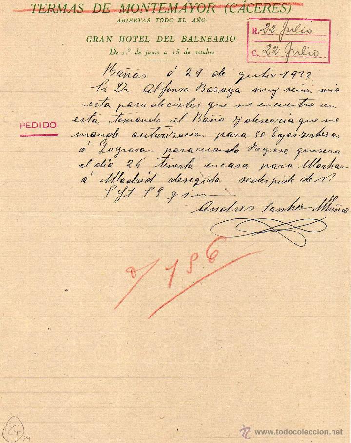 Commercial Letters: Termas de Montemayor C&aacute;ceres. Gran Hotel del Balneario. Firma Andres Sanchez Mu&ntilde;oz.