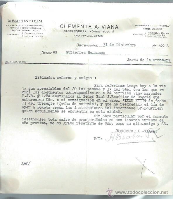Cartas comerciales: MEMORANDUM CLEMENTE A.VIANA BARRANQUILLA HONDA BOGOT&Aacute;, BARRANQUILLA 31 DICIEMBRE 1923