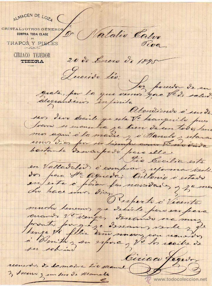 Lettere commerciali: Almancen de Loza. Ciriaco Tejedro. Tiedra. Valladolid. Cristal. Compra Trapos y pieles. Firma