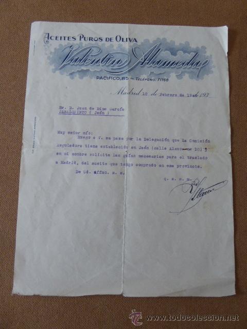 Cartas comerciales: CARTA COMERCIAL DE VALENTIN ALAMEDA. ACEITES PUROS DE OLIVA. 1940. MADRID.