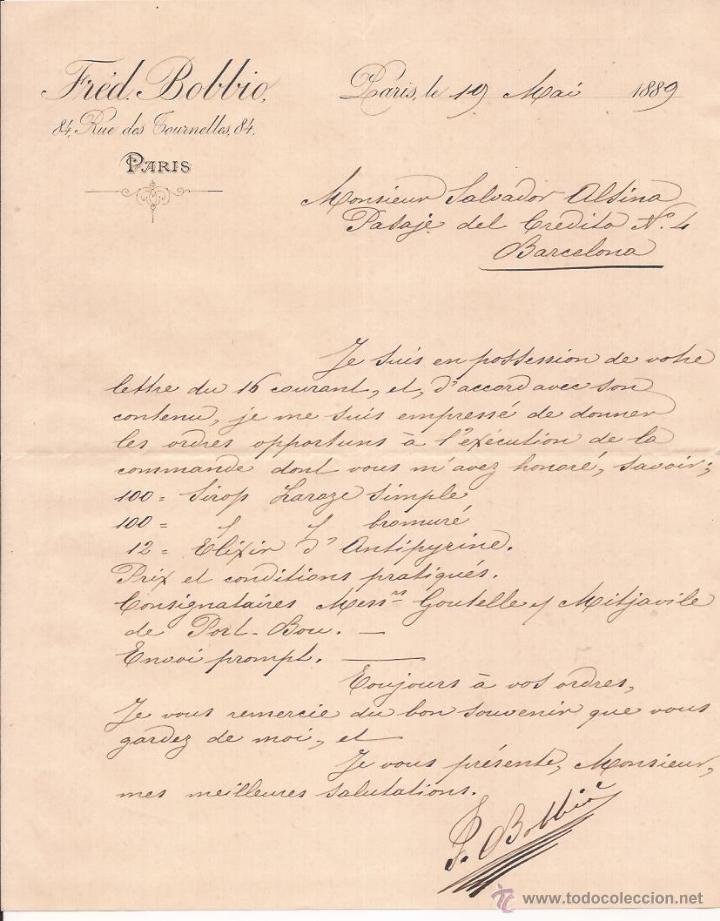 Cartas comerciales: FRED BOBBIE / PAR&Iacute;S / 19 MAYO 1889 - Foto 1