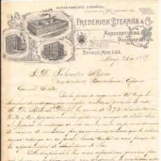 Cartas comerciales: FREDERICK STEARNS & CO / MANUFACTURAS FARMACÉUTICAS / DETROIT / USA / 21 MAYO 1889