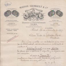 Cartas comerciales: MAISON GRIMAULT & CIE. / PRODUCTOS FARMACÉUTICOS / PARÍS / 25 NOVIEMBRE 1889