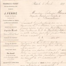 Cartas comerciales: PHARMACIE FAVROT / PARÍS / 5 ABRIL 1889
