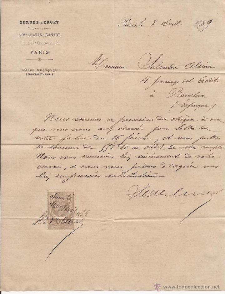 Cartas comerciales: SERRES &Agrave; CRUET / PAR&Iacute;S / 8 ABRIL 1889 - Foto 1