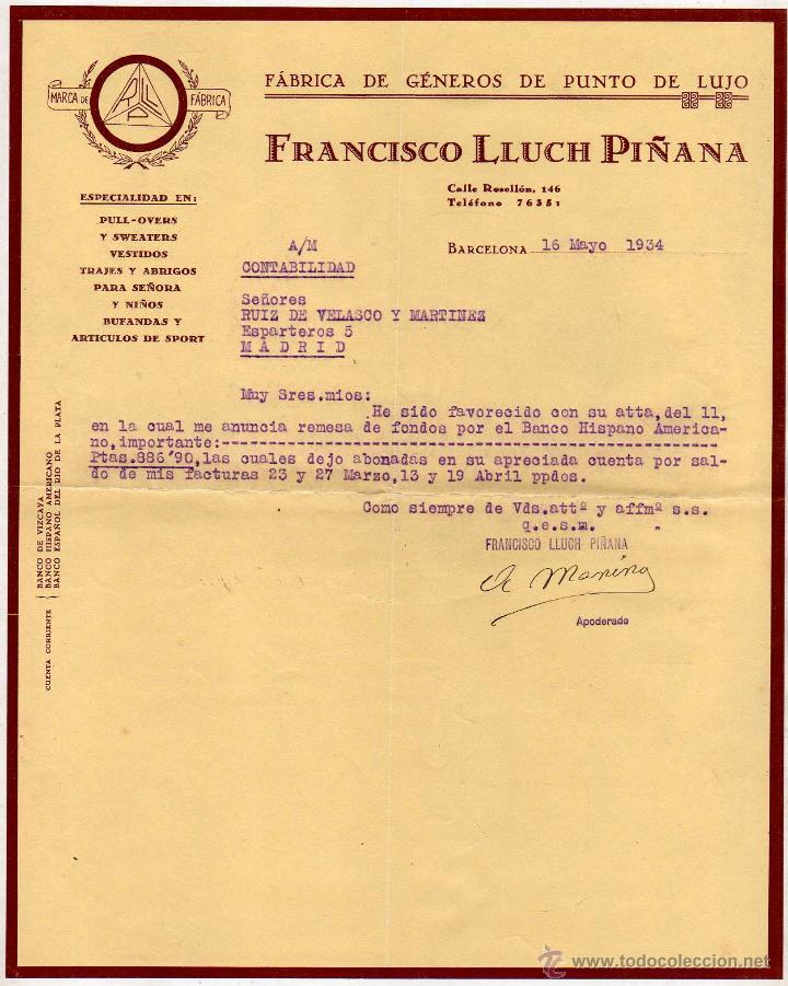 Commercial Letters: F&aacute;brica de g&eacute;neros de punto de lujo. Francisco Lluch Pi&ntilde;ana. Barcelona.