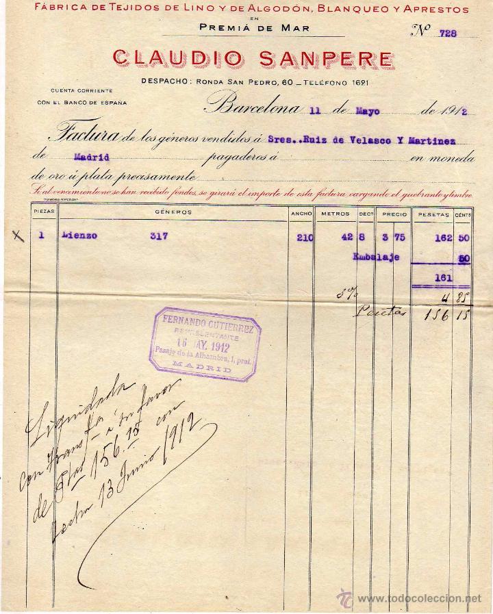 Lettere commerciali: F&aacute;brica de tejidos de lino y de algod&oacute;n, blanqueo y aprestos. Claudio Sanpere Barcelona