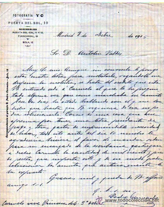 Lettere commerciali: Factura. Fotograf&iacute;a Yo Puerta del Sol. 1919. Firmada por Pedro camacho, fotografo ?. Madrid.