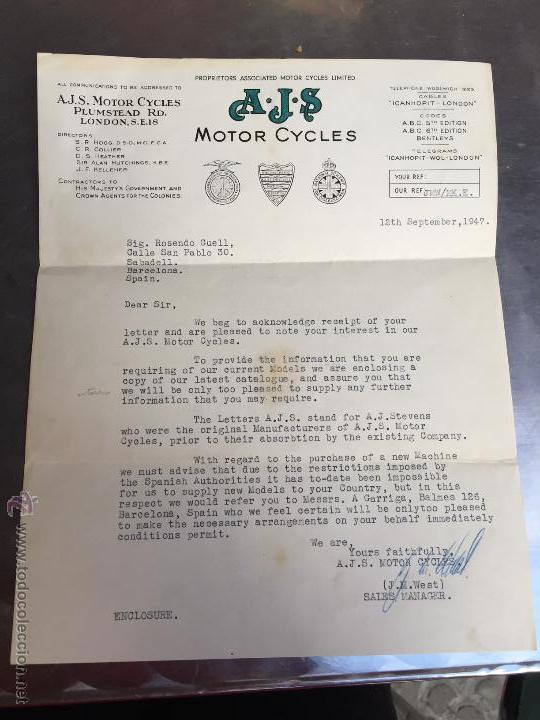 Lettres commerciales: Carta de respuesta de A. J. S Motor cycles a un ciudadano espa&ntilde;ol. 1947