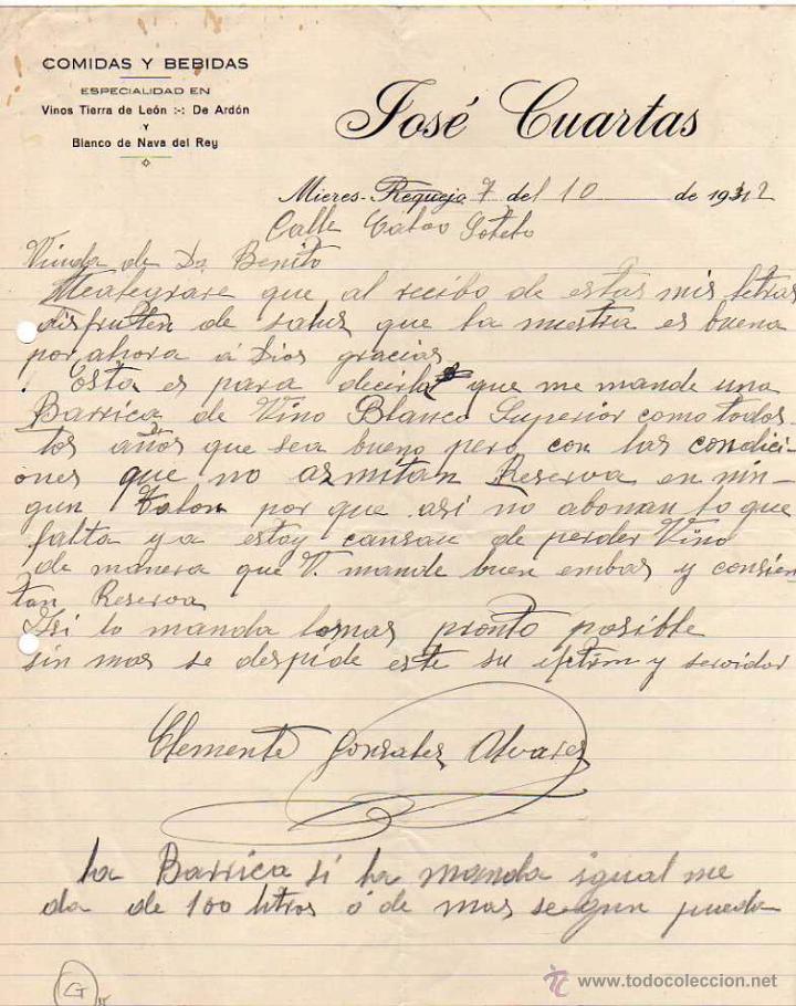 Cartas comerciales: Jos&eacute; Cuartas. Comidas y bebidas. Vinos de la tierra de Le&oacute;n. De Ardon y Nava del rey. Mieres Langreo