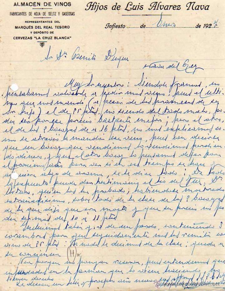 Cartas comerciais: Almacen vinos, agua de seltz y gaseosas. Cervezas Cruz Blanca. Hijos de Luis Alvarez Nava. Infiesto