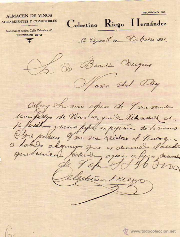 Cartas comerciales: Almac&eacute;n de vinos, aguardientes y comestibles. Celestino Riego. Hern&aacute;ndez. La Felguera. Asturias.