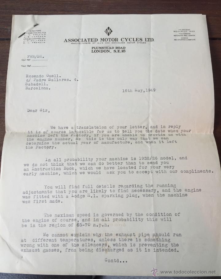 Lettres commerciales: Carta de la sociedad de motos de inglaterra de 1949