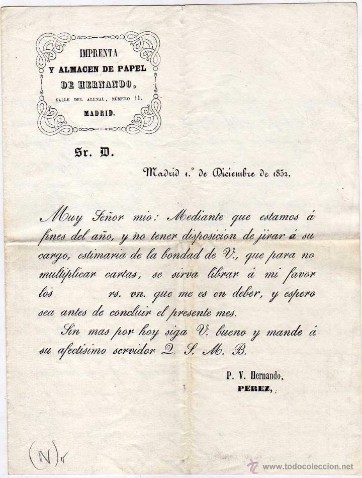 Lettres commerciales: Imprenta y almac&eacute;n de papel de Hernando. Madrid Calle Arenal 1852