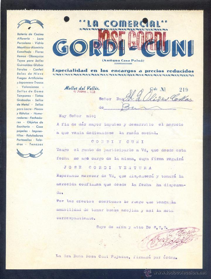 Commercial Letters: Mollet. Vall&egrave;s Ort. *La Comercial. Gordi-Cuni...* Fechada aprox. 1944.