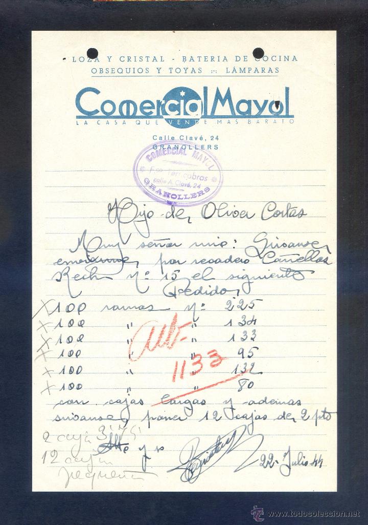 Gesch&auml;ftsbriefe: Granollers. Vall&egrave;s Ort. *Comercial Mayol. Loza y Cristal...* Fechada Julio 1944.