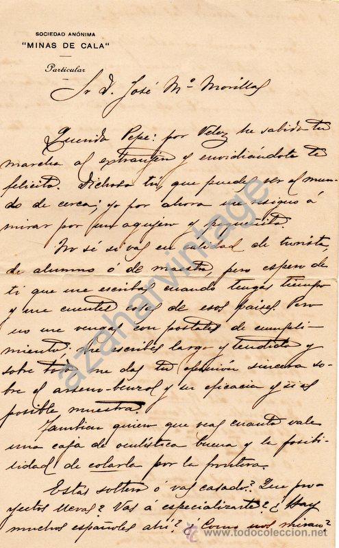 Cartas comerciales: CARTA CON MEMBRETE DE LAS MINAS DE CALA, 1910 - Foto 1