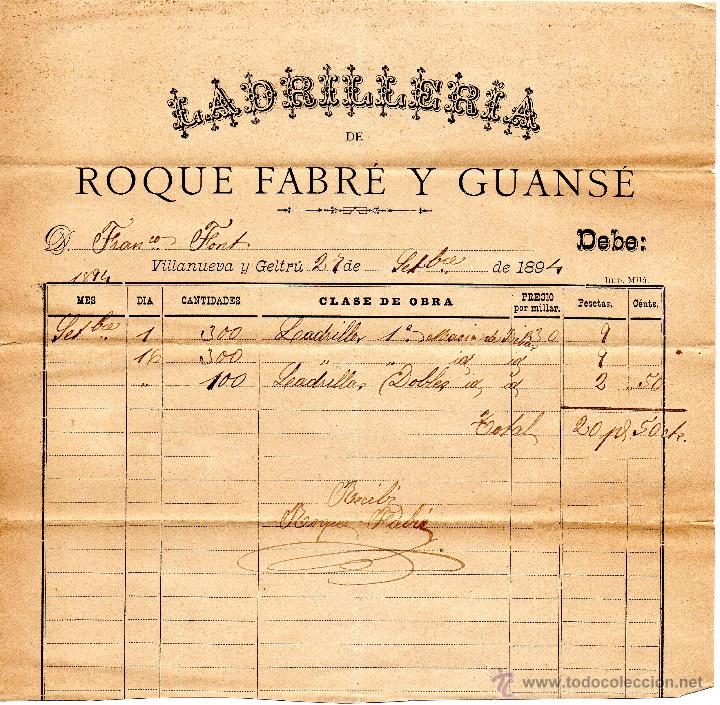 Lettere commerciali: villanueva y geltru. 1894 ladrilleria roque fabr&eacute;