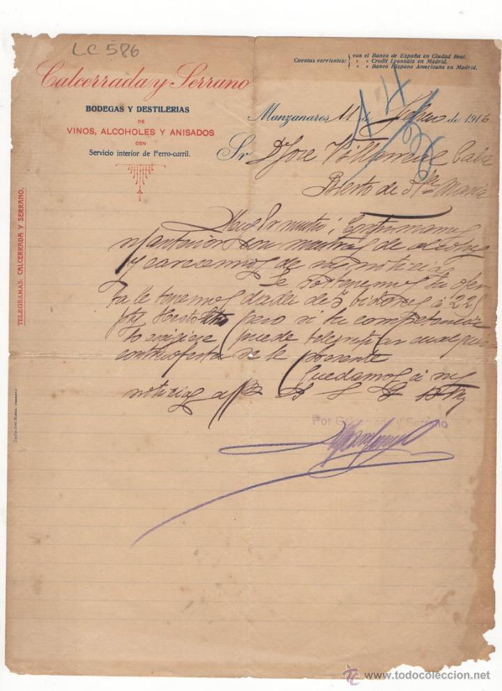 Cartas comerciais: CARTA COMERCIAL.CALCERRADA Y SERRANO.BODEGAS DE VINOS.MANZANARES,1916.