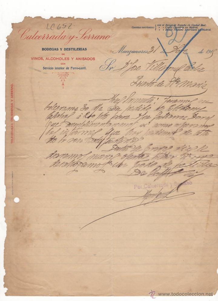 Cartas comerciales: CARTA COMERCIAL.CALCERRADA Y SERRANO.BODEGAS DE VINOS.MANZANARES,1915.