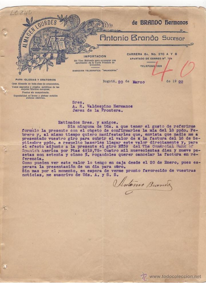 Commercial Letters: CARTA COMERCIAL, ALMACEN LOURDES, DE BRANDO HERMANOS, BOGOTA, 1922.