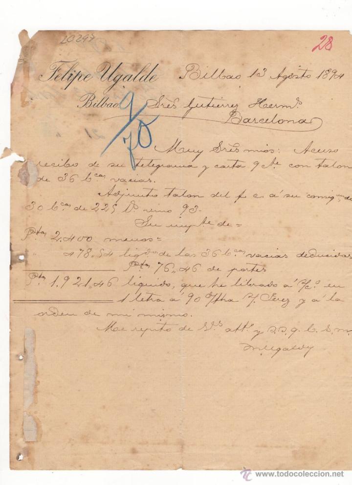Lettres commerciales: CARTA COMERCIAL, FELIPE UGALDE, BILBAO, 1894.