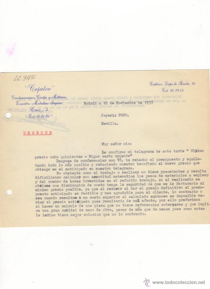Cartas comerciais: CARTA COMERCIAL, CEJALVO, CONDECORACIONES CIVILES Y MILITARES, MADRID, 1957.