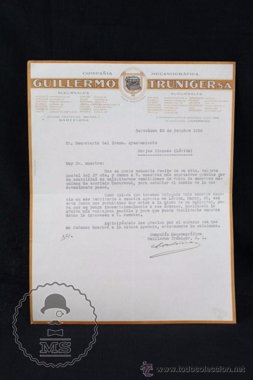 Lettres commerciales: Carta Comercial Compa&ntilde;&iacute;a Mecanogr&aacute;fica Guillermo Truniger - Borjas Blancas, 1930 - M&aacute;quina Escribir